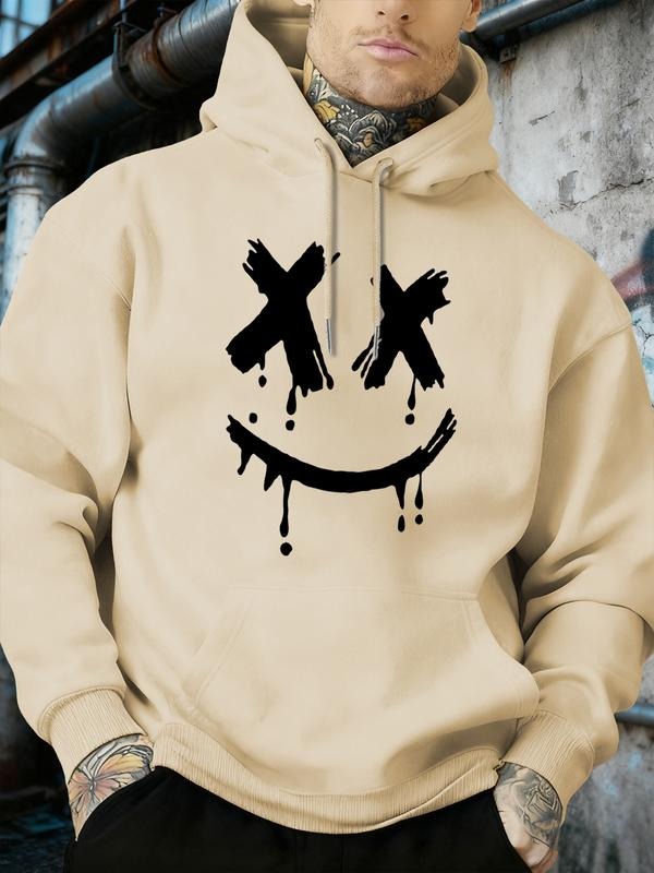 Men's Fashion Smile Face Print Hoodie, Casual Long Sleeve Pullover with Drawstring, Comfortable Fitted Sweatshirt for...