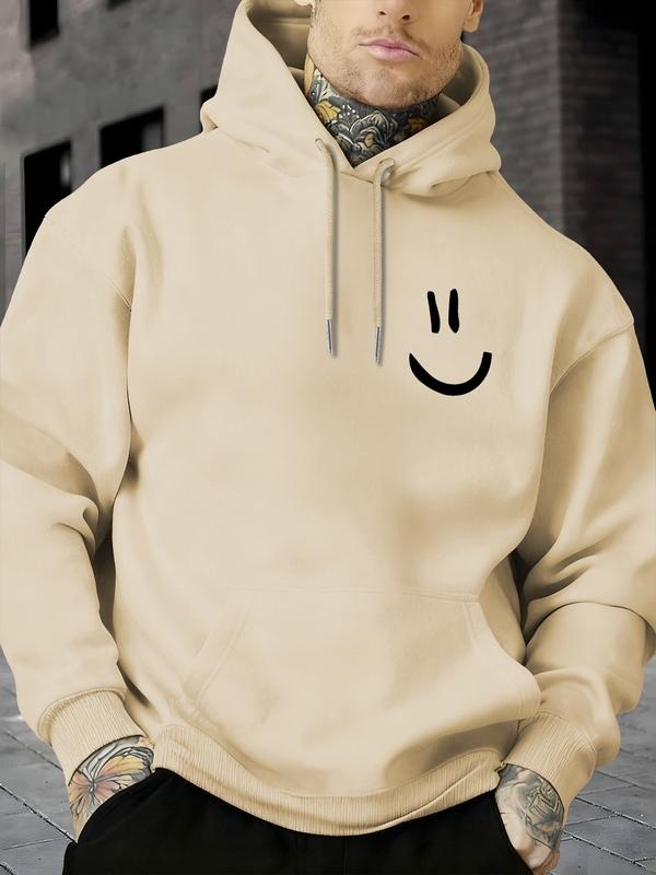 Men's Fashion Smile Face Print Hoodie, Casual Long Sleeve Pullover with Drawstring, Comfortable Fitted Sweatshirt for...