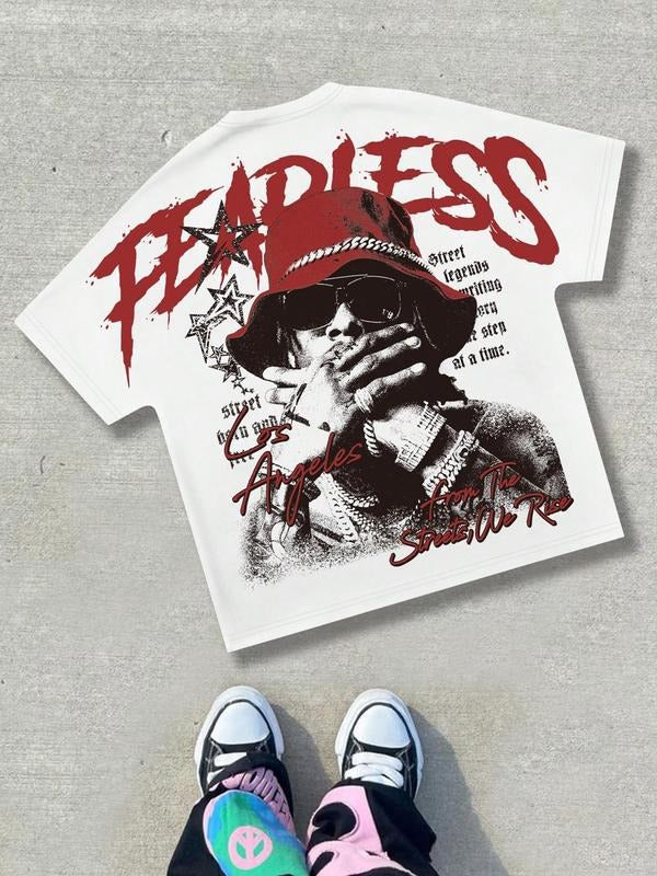 Men's Fearlesss Letter Print Short Sleeve Graphic Tee, Casual Regular Fit Round Neck T-Shirt for Daily Wear, Men's Top...
