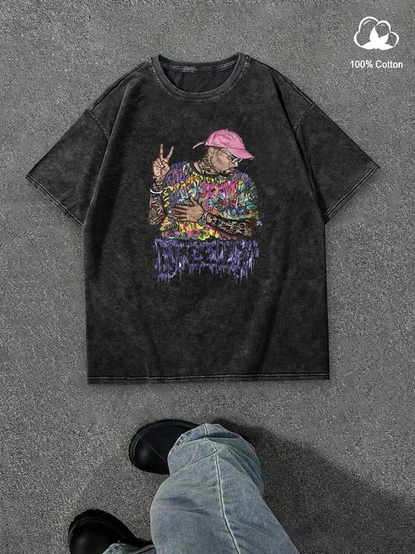 Men's Figure & Letter Print Round Neck Tee, Casual Short Sleeve Crew Neck T-shirt for Summer, Fashion Men's Top for Daily...