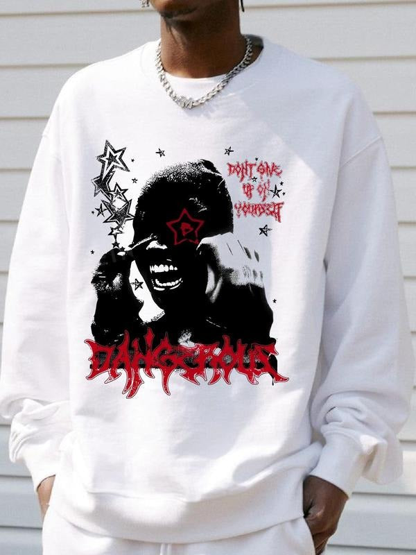 Men's Figure Graphic Print Round Neck Sweatshirt, Regular Fit Casual Fashion Drop Shoulder Long Sleeve Pullover, Men's...