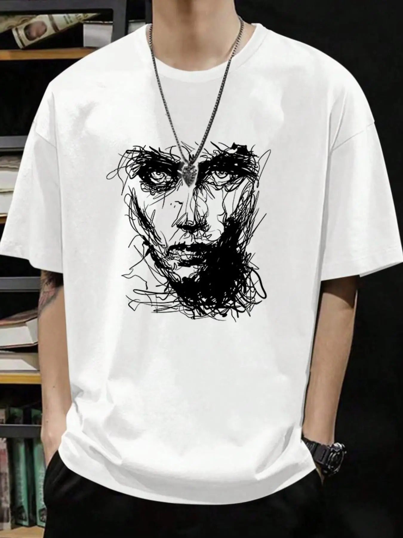 Men's Figure Print Drop Shoulder Tee, Casual Half Sleeve Round Neck T-shirt for Summer, Comfy Knitting Top for Men,...