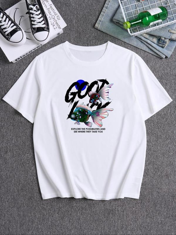 Men's Fish & Letter Print Round Neck Tee, Street Fashion Casual Short Sleeve T-shirt for Daily Wear, Menswear for All...