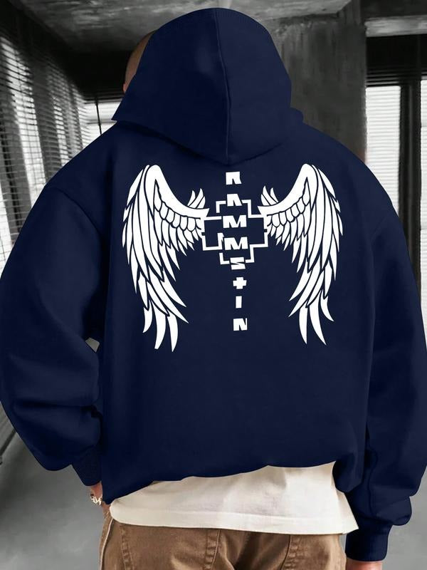 Men's Fitted Hoodie with Wing & Cross Design, Pop Art Print Graphic Sweatshirt for Spring Fall, Urban Hip-Hop Streetwear...