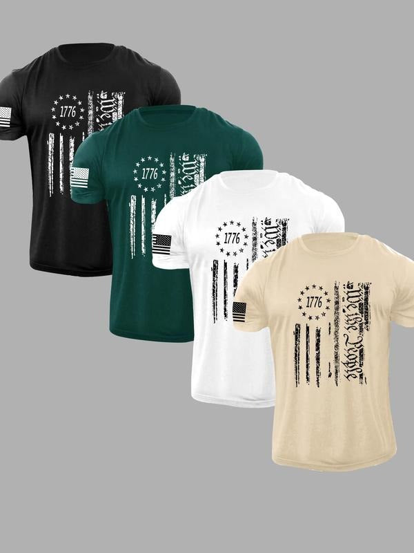 Men's Flag & Number Print Short Sleeve Tee, Regular Fit Casual Comfy Round Neck T-shirt for Summer, Men's Top for Daily...