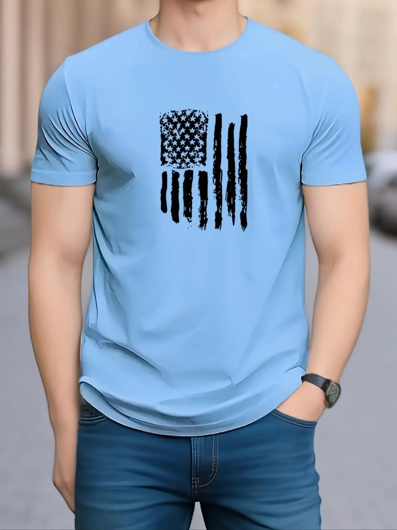 Men's Flag Print Round Neck Tee, Casual Short Sleeve Crew Neck T-shirt for Daily Wear, Men's Top for All Seasons Hoodie,...