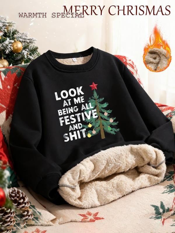 Men's Fleece Lined Christmas Sweatshirt, Fun Tree Print Warm Top, Fall Winter Casual Loose Fit Holiday Pullover, Long...