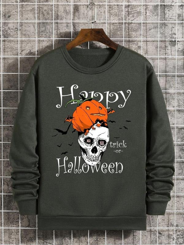 Men's Fleece Pullover Sweatshirt, Fall & Winter Casual Fashion, Skull Pumpkin Halloween Elements Design, Regular Fit...