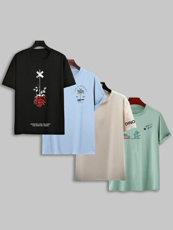 Men's Floral & Cartoon Graphic Print Round Neck Tee, Regular Fit Casual Short Sleeve T-shirt, Men's Summer Top for Daily...