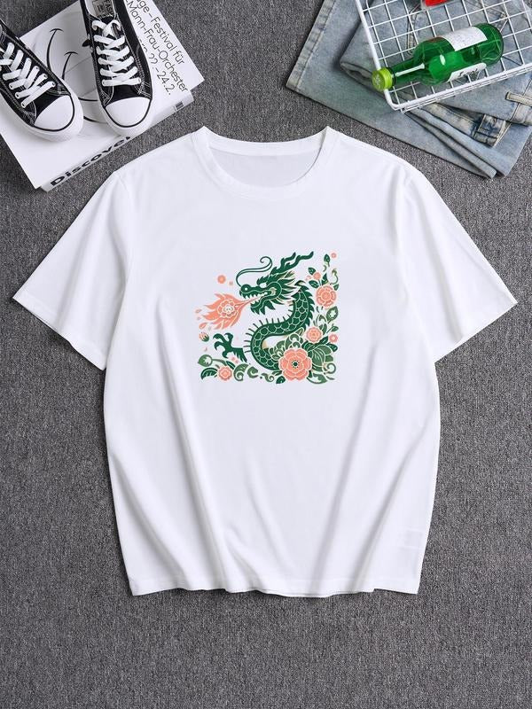 Men's Floral & Dragon Print Round Neck Tee, Loose Street Fashion Casual Soft Comfy Short Sleeve T-shirt for Daily Wear,...