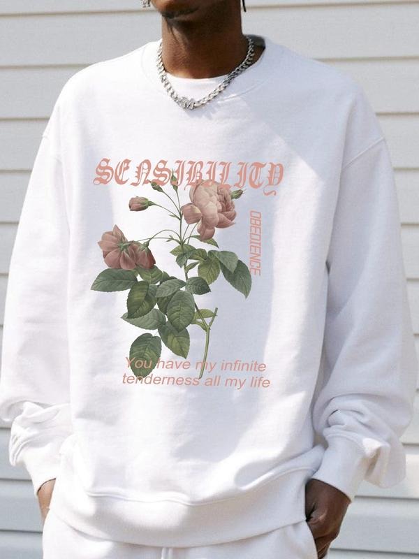 Men's Floral & Letter Print Drop Shoulder Sweatshirt, Casual Soft Comfy Long Sleeve Round Neck Pullover for Fall &...