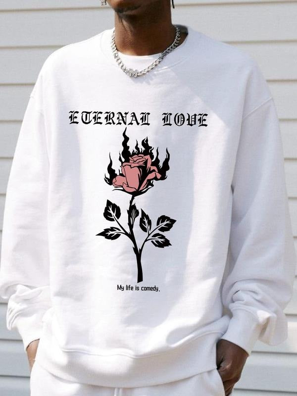Men's Floral & Letter Print Drop Shoulder Sweatshirt, Regular Fit Casual Soft Comfy Long Sleeve Round Neck Pullover for...