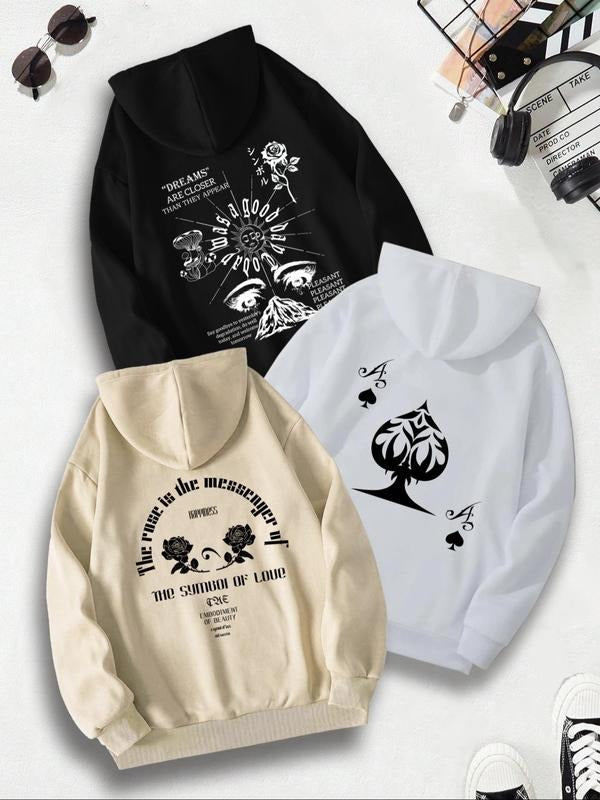 Men's Floral & Letter Print Graphic Hoodie, Regular Fit Casual Cartoon Graphic Pullover Top for Fall & Winter, Men's...