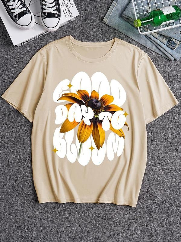 Men's Floral & Letter Print Round Neck Tee, Loose Casual Comfy Short Sleeve T-shirt for Summer, Men's Top for Daily Wear...
