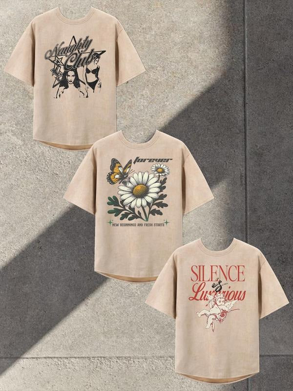 Men's Floral & Letter Print Round Neck Tee, Loose Casual Fashion Short Sleeve T-shirt for Summer, Men's Top for Daily...