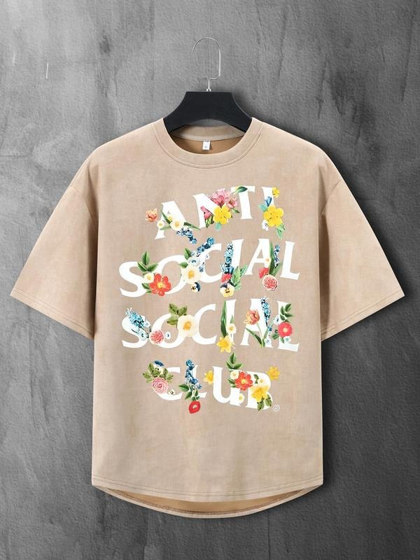 Men's Floral & Letter Print Round Neck Tee, Loose Casual Fashion Soft Comfy Short Sleeve T-shirt for Summer, Men's Top...