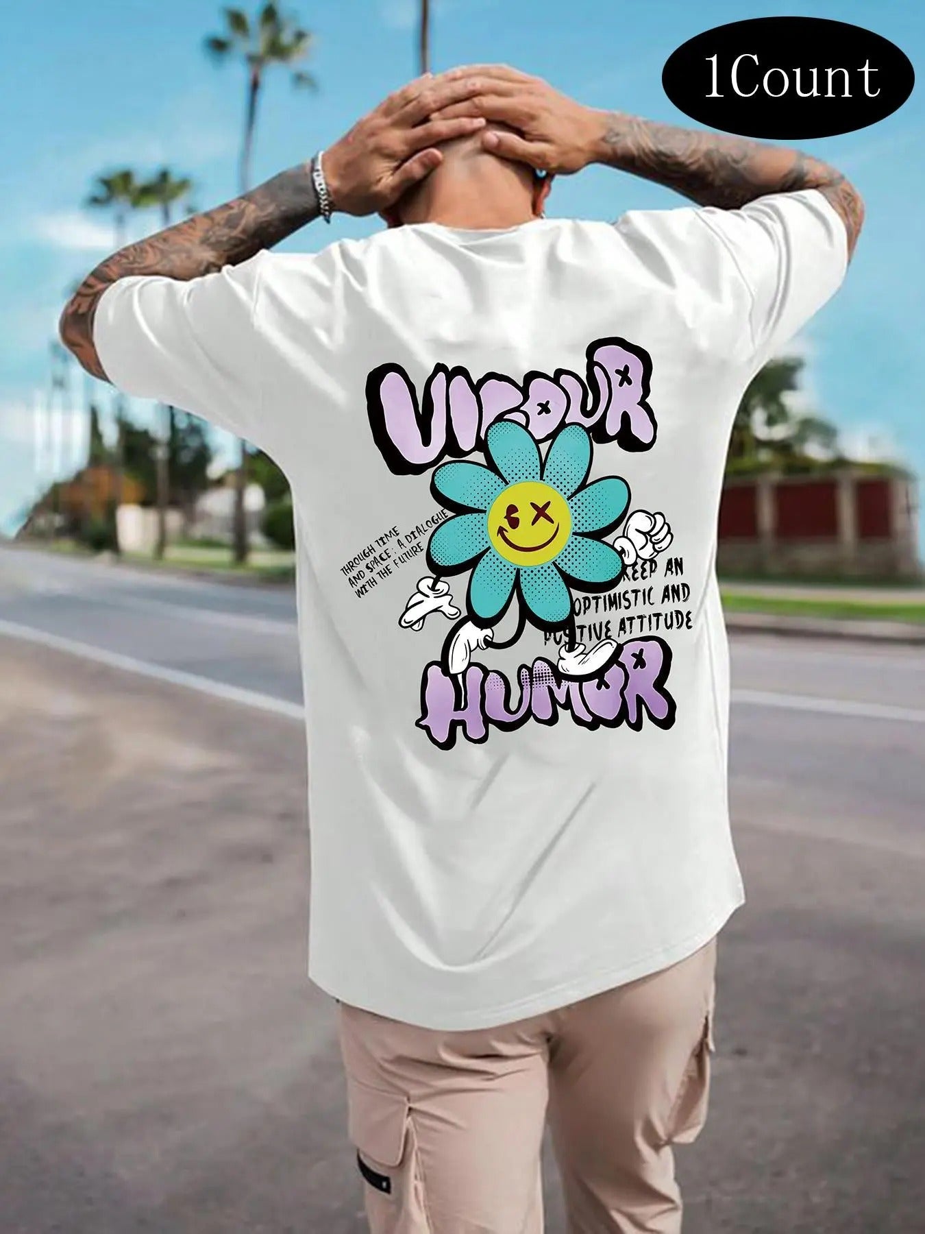 Men's Floral & Letter Print Round Neck Tee, Loose Casual Short Sleeve T-shirt for Summer, Men's Top for Daily Wear...