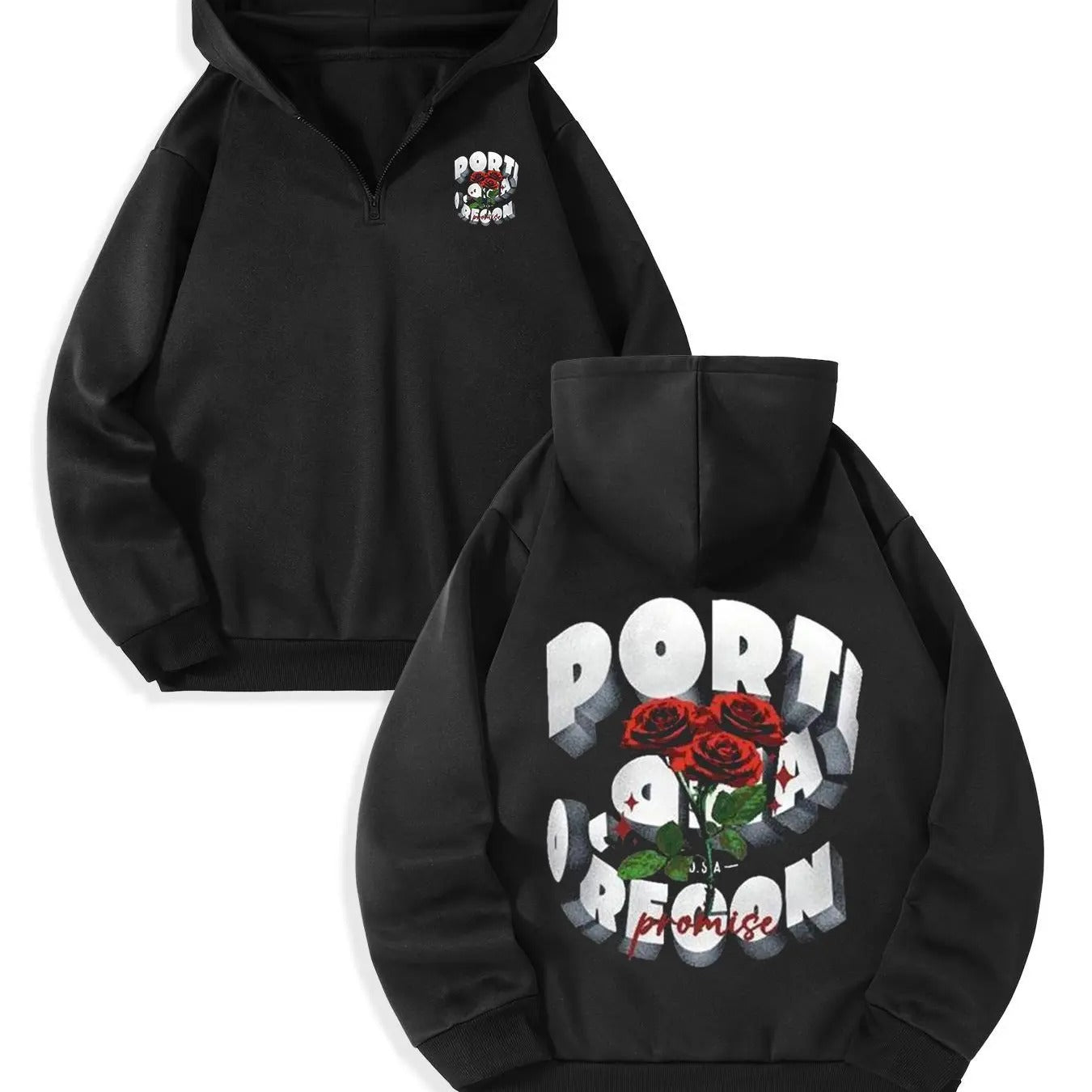 Men's Floral & Letter Print Zip Up Hoodie, Regular Fit Casual Long Sleeve Hooded Sweatshirt for Fall & Winter, Men's...