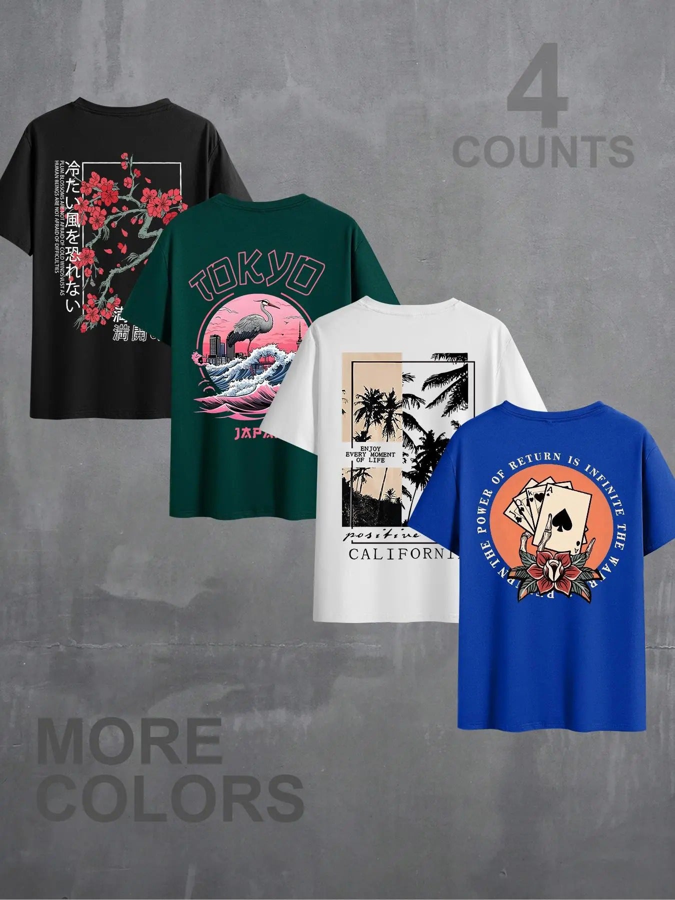 Men's Floral & Palm Tree & Playing Card & Flamingo Print Graphic Tee, Regular Fit Casual Street Short Sleeve T-shirt for...