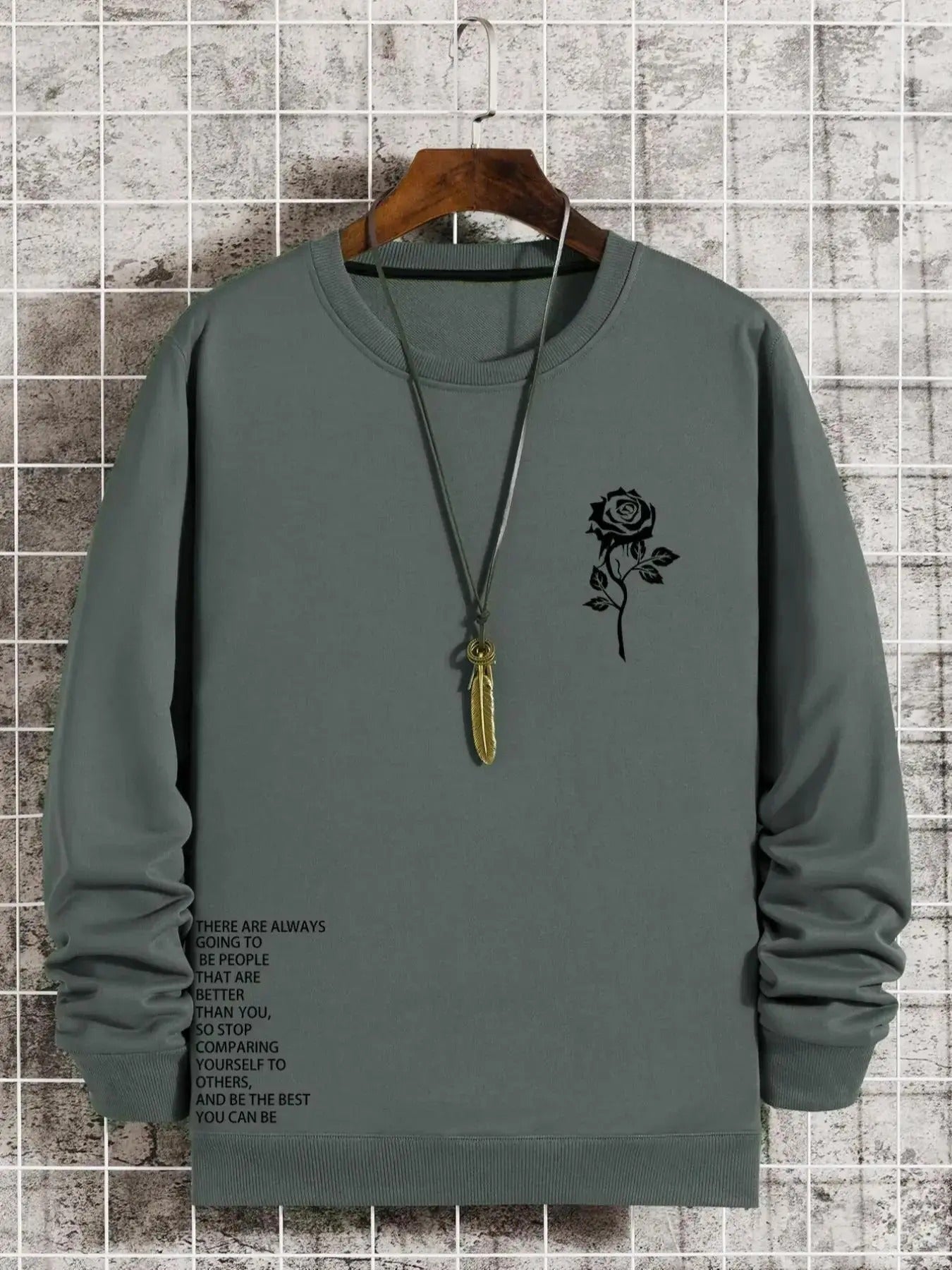 Men's Floral & Slogan Print Round Neck Sweatshirt, Regular Fit Crew Neck Long Sleeve Pullover for Casual Wear, Fashion...