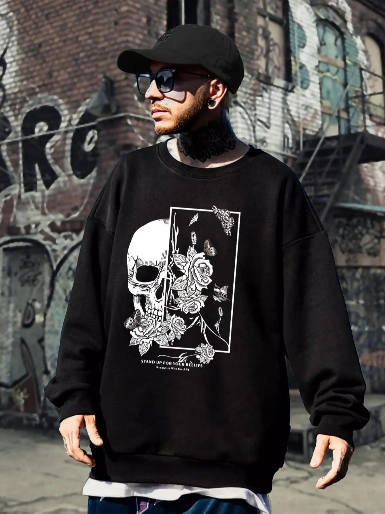 Men's Floral Skull Print Round Neck Sweatshirt, Regular Fit Casual Fashion Long Sleeve Pullover for Fall & Winter, Men's...
