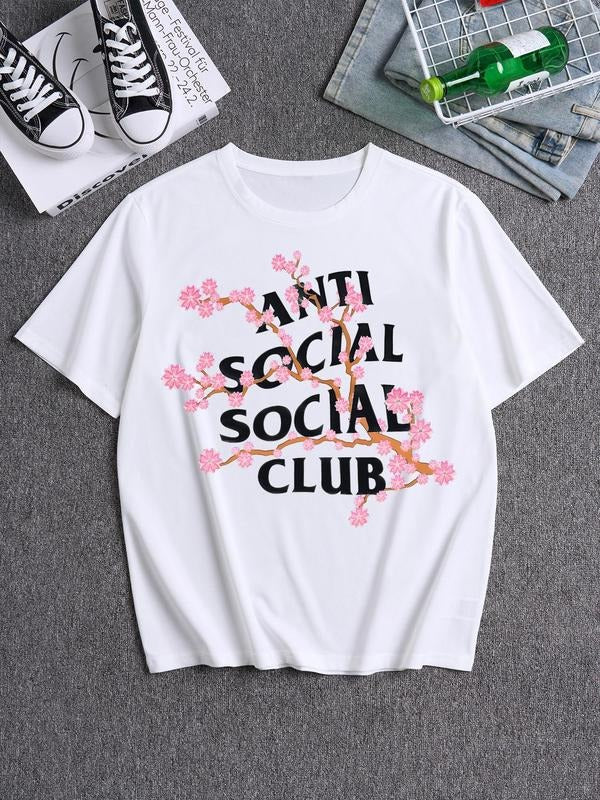 Men's Flower & Letter Print Round Neck Tee, Loose Street Fashion Casual Short Sleeve T-shirt for Daily Wear, Men's Summer...
