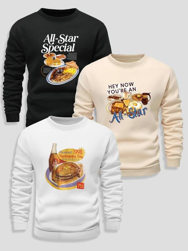 Men's Food Print Round Neck Sweatshirt, Regular Fit Casual Letter Print Long Sleeve Pullover, Men's Fall & Winter Clothes...