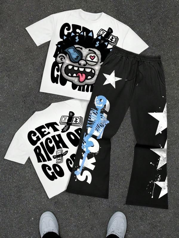 Men's Fun Portrait and Letter Pattern Casual Street Style Round Neck Short Sleeve T-Shirt and Bell Bottoms Set,...