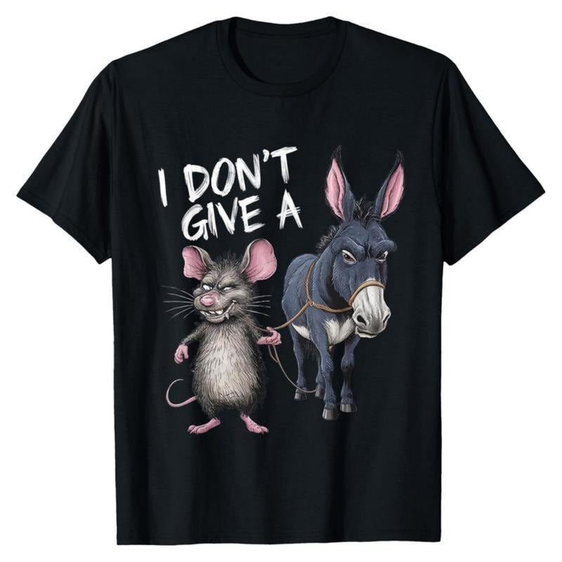 Men's Funny "I Don't Care" Mouse and Donkey Graphic T-Shirt - 180g Cotton Vintage Loose Short Sleeve Crew Neck Casual...