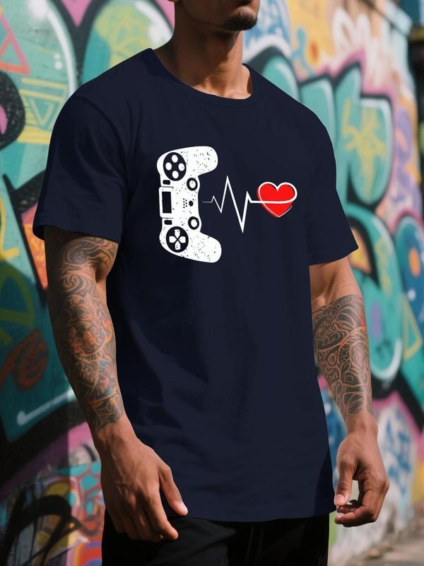 Men's Game Console & Heartbeat Print Round Neck Tee, Regular Fit Casual Short Sleeve T-shirt for Summer, Men's Top for...