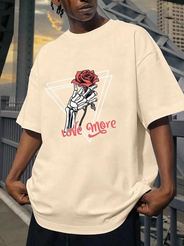 Men's Geometric & Skull & Rose Print Drop Shoulder Crew Neck Tee, Loose-Fitting Casual Short Sleeve Round Neck T-Shirt...
