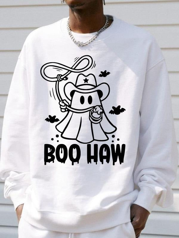 Men's Ghost & Letter Print Drop Shoulder Sweatshirt, Regular Fit Casual Halloween Soft Comfy Long Sleeve Round Neck...