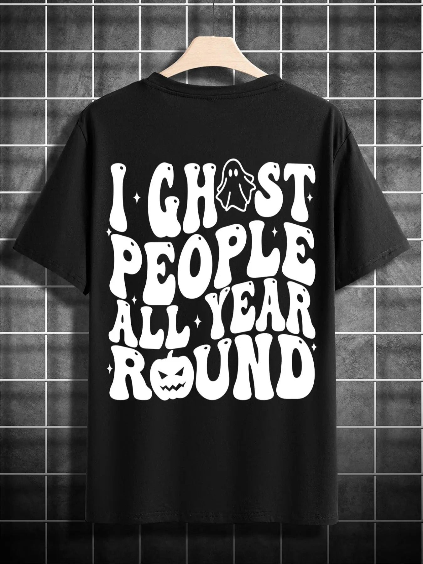 Men's Ghost & Letter Print Round Neck Tee, Regular Fit Casual Short Sleeve Crew Neck T-Shirt for Summer, Men's Top for...