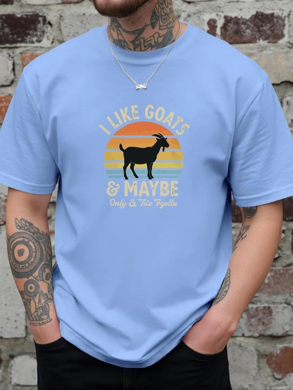 Men's Goat & Letter Print Round Neck Tee, Regular Fit Casual Short Sleeve Crew Neck T-Shirt for Daily Wear, Men's Top for...