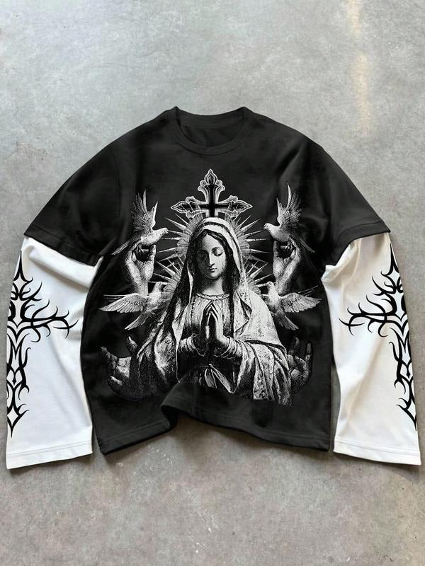 Men's God & Cross Print Street Style Long Sleeve T-Shirt, Fitted Casual Graphic Tee for Fall & Winter, Comfortable Daily...