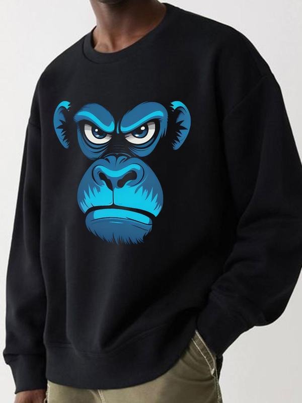 Men's Gorilla Print Drop Shoulder Sweatshirt, Regular Fit Casual Street Long Sleeve Crew Neck Pullover for Fall & Winter,...