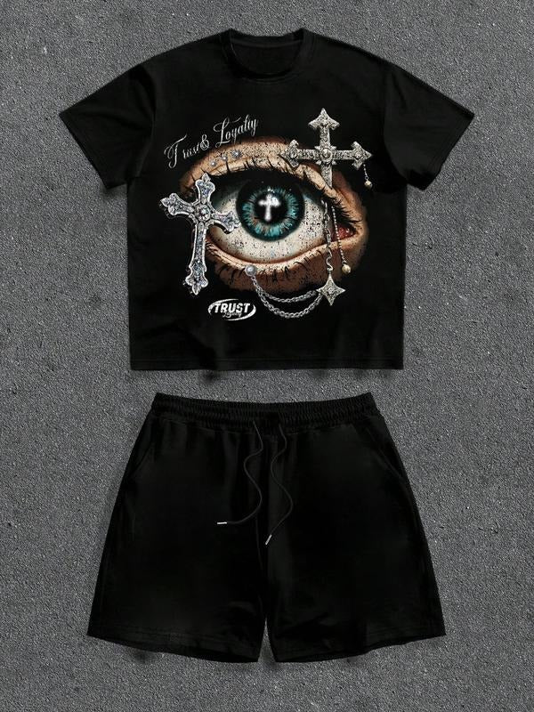 Men's Gothic Cross Flame Print Ripped T-Shirt Set, Casual Summer Fashion, Comfortable Fit, Perfect for Daily Wear &...