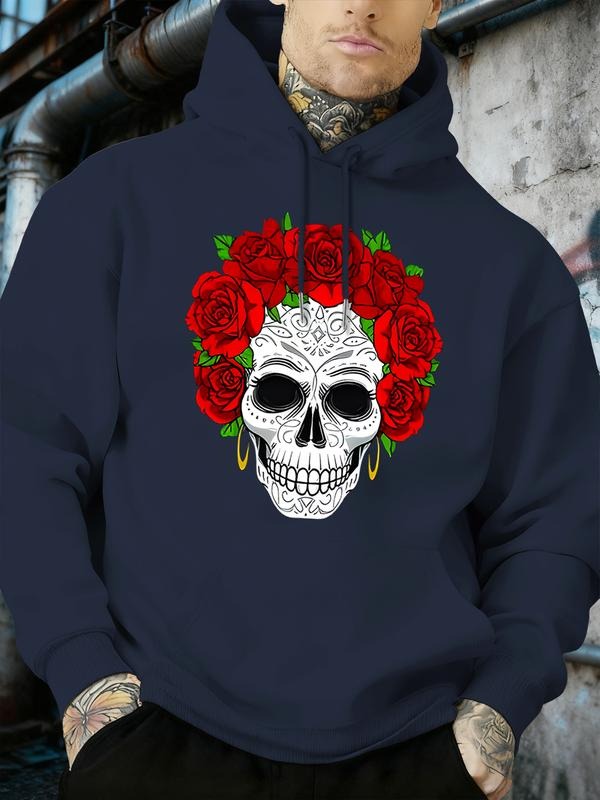 Men's Gothic Mexican Day of the Dead Hoodie, Oversized Sugar Skull & Rose Print, Soft All-Season Wear, Halloween Costume...