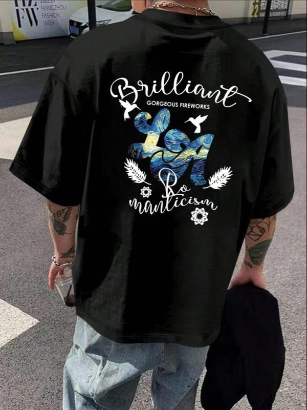 Men's Graphic & Letter Print Round Neck Tee, Loose Casual Fashion Short Sleeve T-shirt for Summer, Men's Top for Daily...