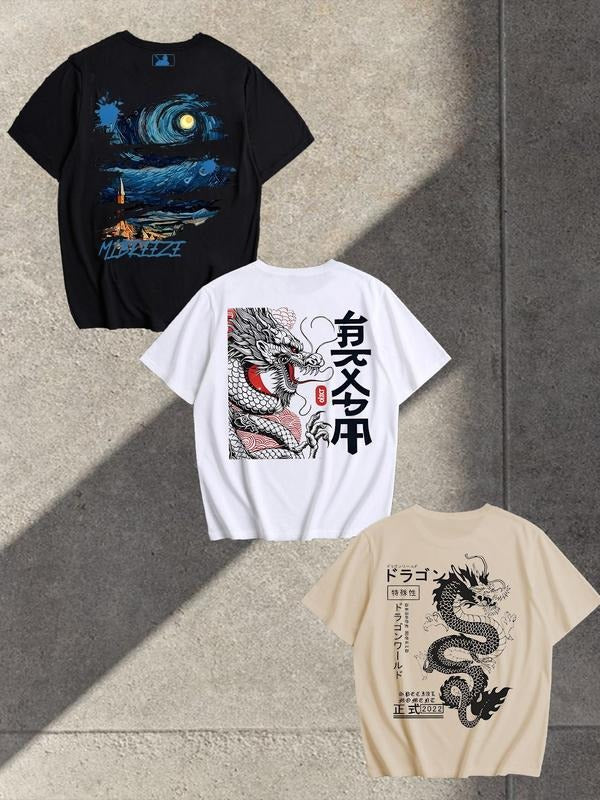 Men's Graphic & Letter Print Round Neck Tee, Loose Casual Short Sleeve T-shirt for Summer, Men's Top for Daily Wear...