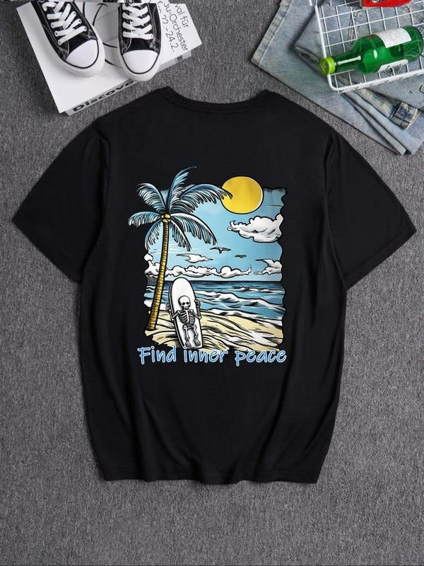 Men's Graphic Print Round Neck Tee, Casual Short Sleeve Crew Neck T-shirt for Summer, Fashion Men's Top for Beach...