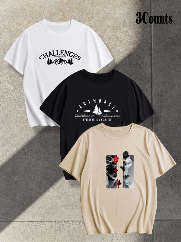 Men's Graphic Print Round Neck Tee, Loose Casual Comfy Breathable Short Sleeve Crew Neck T-shirt for Summer, Men's...