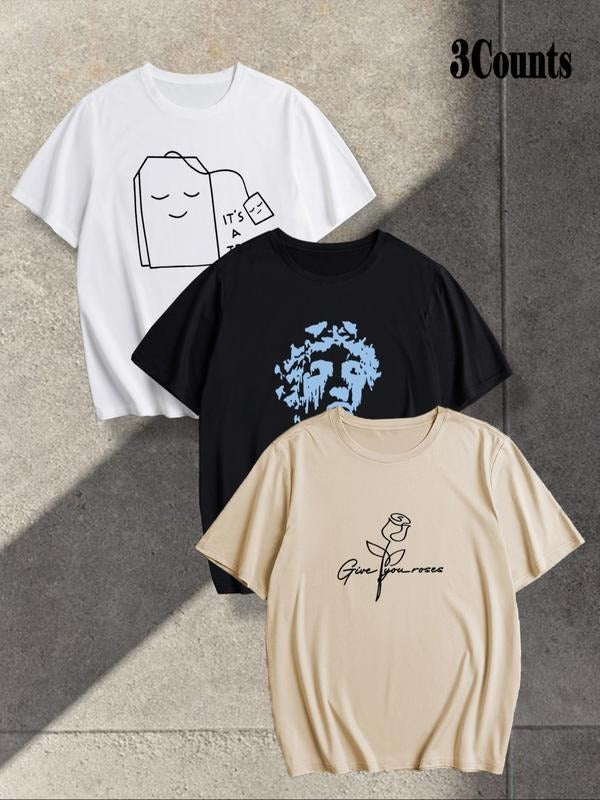 Men's Graphic Print Round Neck Tee, Regular Fit Casual Comfy Breathable Short Sleeve Crew Neck T-shirt for Summer, Men's...