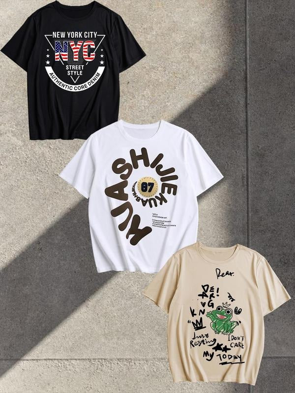 Men's Graphic Print Round Neck Tee, Regular Fit Casual Short Sleeve Crew Neck T-shirt for Daily Wear, Men's Top for...