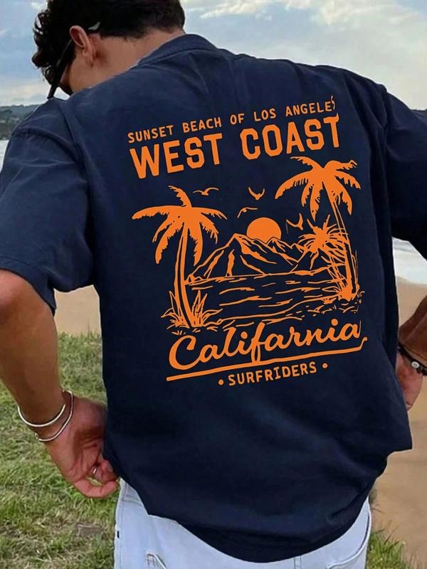 Men's Graphic Print Short Sleeve T-Shirt, Coconut Tree Sunset Mountain Design, Casual Fashion Outdoor Sports Streetwear...