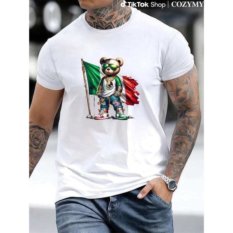 Men's Graphic Tees Casual Cotton T-Shirt with Cool Mexican Pride Bear Design, Hip Style with Flag, men gifts, Fashion Top...