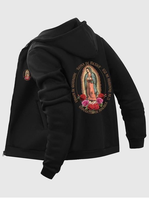 Men's Guadalupe Print Zip Up Hoodie, Casual Regular Fit Long Sleeve Hooded Sweatshirt for Fall & Winter, Men's Top for...
