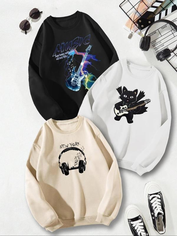 Men's Guitar & Cat & Headphone Print Drop Shoulder Sweatshirt, Casual Soft Comfortable Regular Fit Long Sleeve Round Neck...