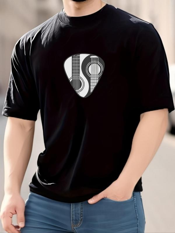 Men's Guitar Print Round Neck Tee, Casual Short Sleeve T-shirt for Daily Wear, Fashion Comfy Men's Clothes for All...