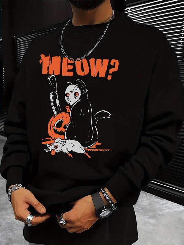 Men's Halloween Cartoon Cat & Pumpkin Print Drop Shoulder Sweatshirt, Regular Fit Casual Soft Comfy Long Sleeve Round...